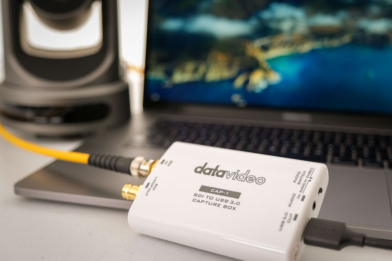 Datavideo Cap-1 USB video capture device. Ideal for bringing high quality audio and video sources into a Zoom or Teams meeting to help engage online attendees.