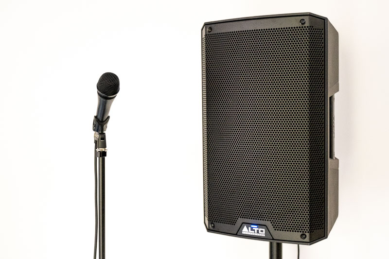 Event sound equipment showing a  microphone ad PA speaker